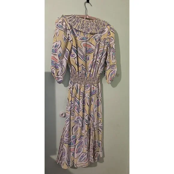 Vintage Anthony Sicari Ruffle Midi Dress Made in USA 80s Pastel Abstract Print P - Picture 2 of 12